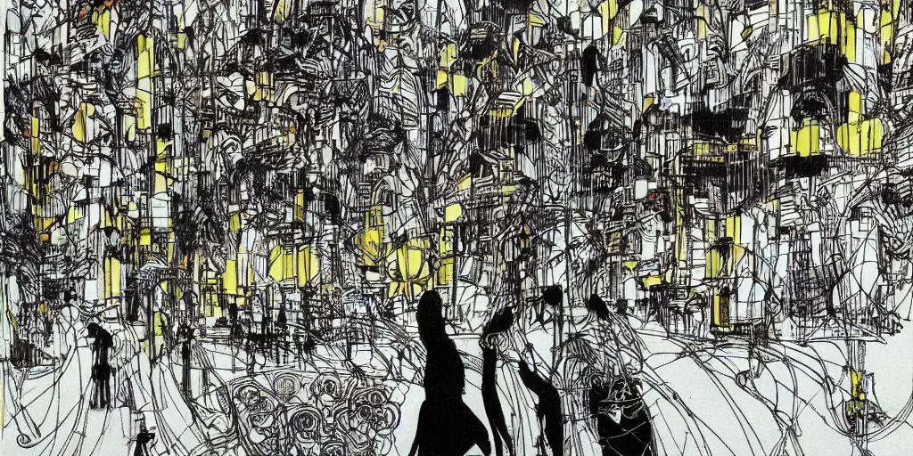 Image similar to masterpiece high contrast black, gold, teal, orange, ink drawing of woman walking in an afro futurist pedestrianized eco city block designed by by frank lloyd wright architect, plants and trees on walkways low buildings, green energy, bicycles,, bill sienkiewicz, giant agapanthus flower from buildings wide angle, insanely detailed and intricate