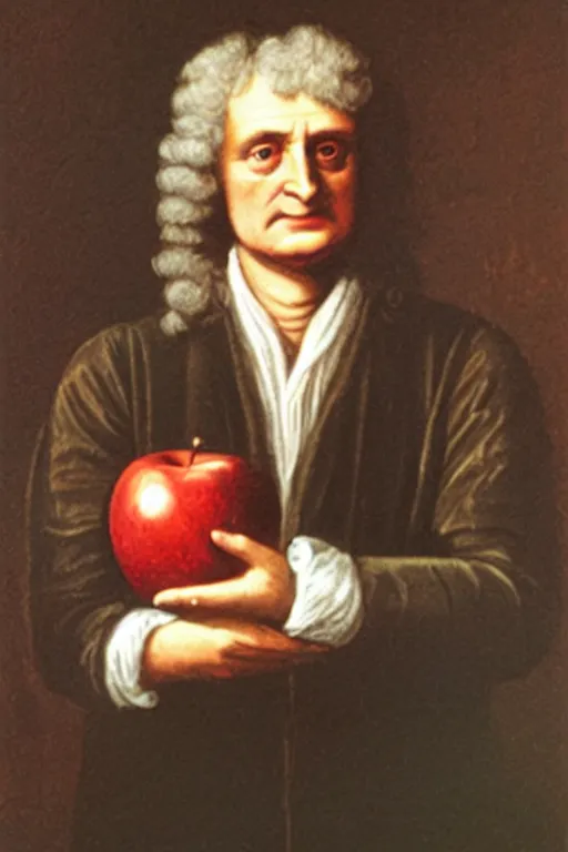 Prompt: isaac newton holding an apple