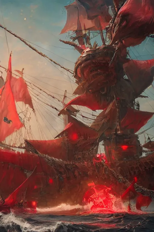 Image similar to a professional digital painting of a monster pirate with many jaws, full body, concept art, sharp detail, focused, illustration, smooth render, red jewels for eyes, pirate ship in background, art style by Ruan Jia and Mandy Jurgens and Ian Spriggs and William-Adolphe Bouguerea