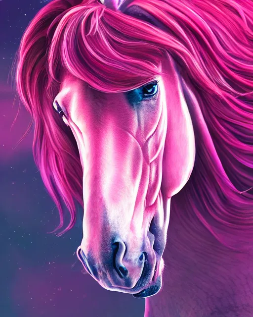 Prompt: digital horse, retrowave palette, highly detailed, anatomically correct equine, synth feel, smooth face, ear floof, flowing mane, no reins, super realism, accurate animal imagery, 4 k digital art