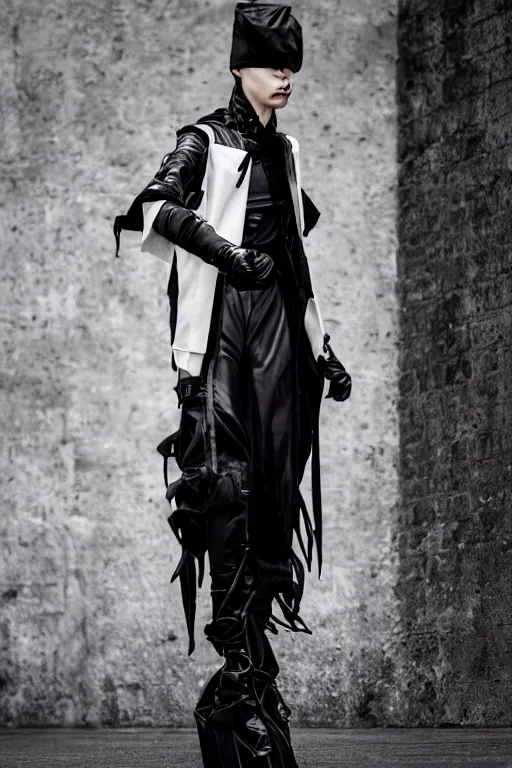 Image similar to beautiful androgynous high fashion avant garde techwear look and clothes, we can see them from feet to head, highly detailed and intricate, luxury, cinematic, rick owens, yohji yamamoto, y 3, outfit photo, hot on r / streetwear, trending on artstation,