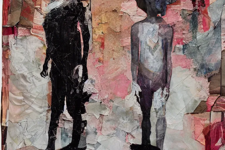 Image similar to Two still figures facing camera, They are emotional. Chaotic, glitch art aesthetic, collage folded, ethereal painting in the style of Francis Bacon