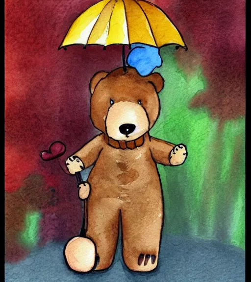 Prompt: autumn a bear with an umbrella cartoon watercolor trending on artstation