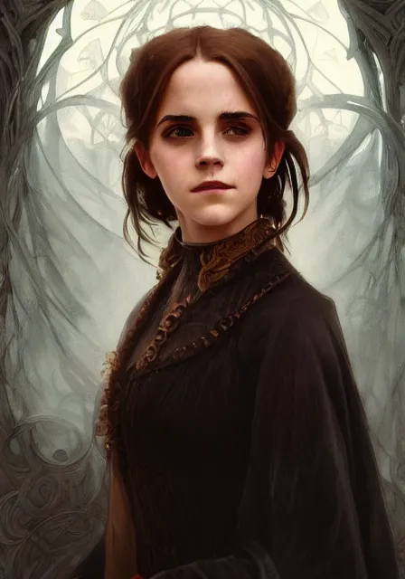 Prompt: emma watson hermione witch magic gothic, intricate, elegant, highly detailed, digital painting, artstation, concept art, smooth, sharp focus, illustration, art by artgerm and greg rutkowski and alphonse mucha and william - adolphe bouguereau