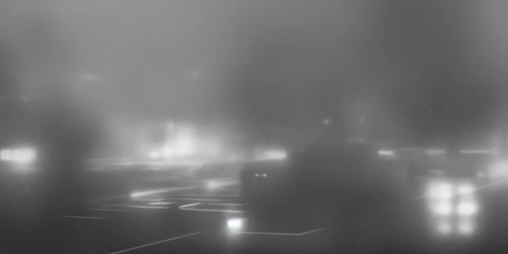 Prompt: a noir film scene, single character, car, mist, foggy, mysterious, monochrome, by yoji shinkawa