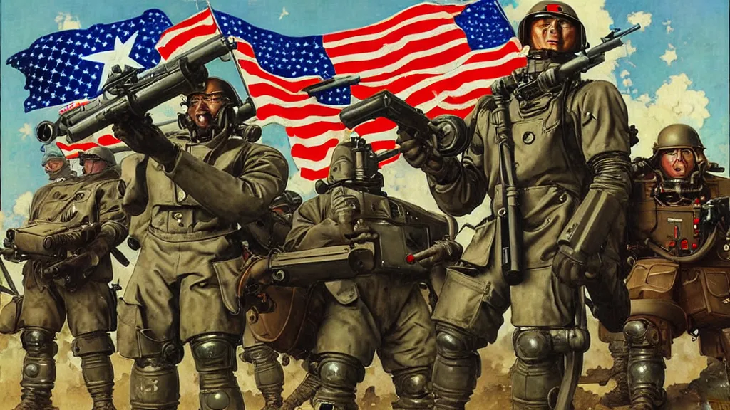 Prompt: America and Japan fight WWII with mechs, in the style of Norman Rockwell, sci-fi illustrations, highly detailed, award-winning, patriotic, american, dark, gritty, oil painting