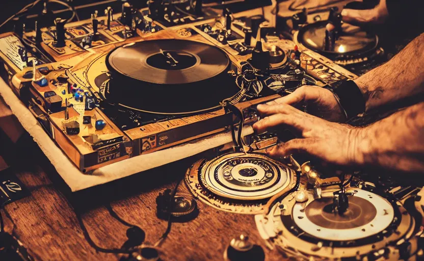 Prompt: a person working a steampunk mixing board and record player doing turntablism dj scratching, intricate carved wood, planetary gears, complex contraption, wearing old school headphones and visor, cinematix, imax, sharp focus, hyper detail