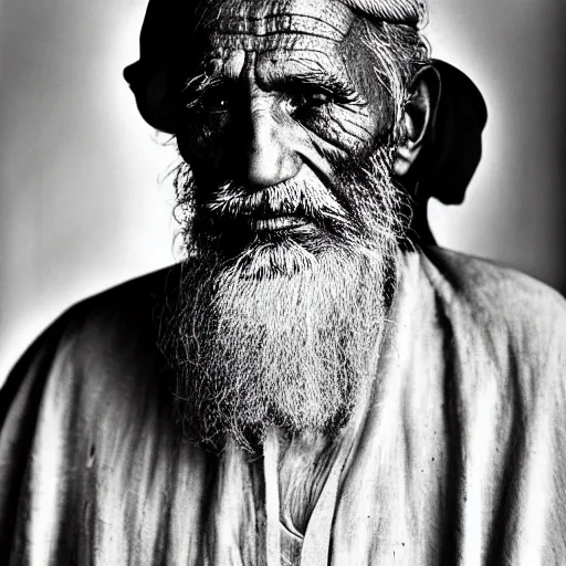 Prompt: black and white photo, portrait of 80 year old afghan man by richard avedon, realistic, Leica, medium format, cinematic lighting, wet plate photography, wet plate photography, parallax, high resolution,