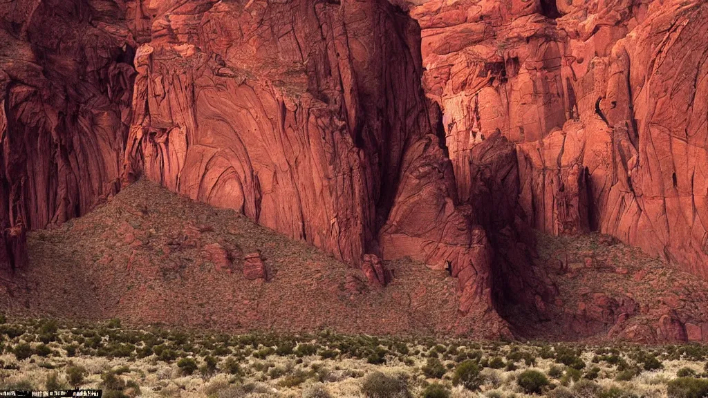 Image similar to an atmospheric film still by Ridley Scott with a huge towering dark gothic cathedral carved out of rock at the top of a red rock canyon