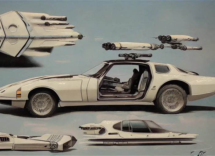 Image similar to ( ( ( ( ( retro futuristic star wars car concept art, 1 9 8 2 pontiac trans am, jaguar e - type, car concept art, sci - fi illustration, painting, technical illustration ) ) ) ) ) by vincent di fate and john berkey and star wars!!!!!!!