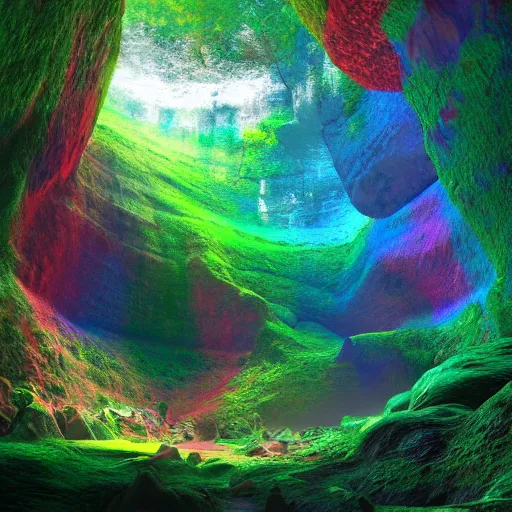 Image similar to rainbow colored caves lead to a rainforest, highly detailed digital art, artstation, cfg = 1 2