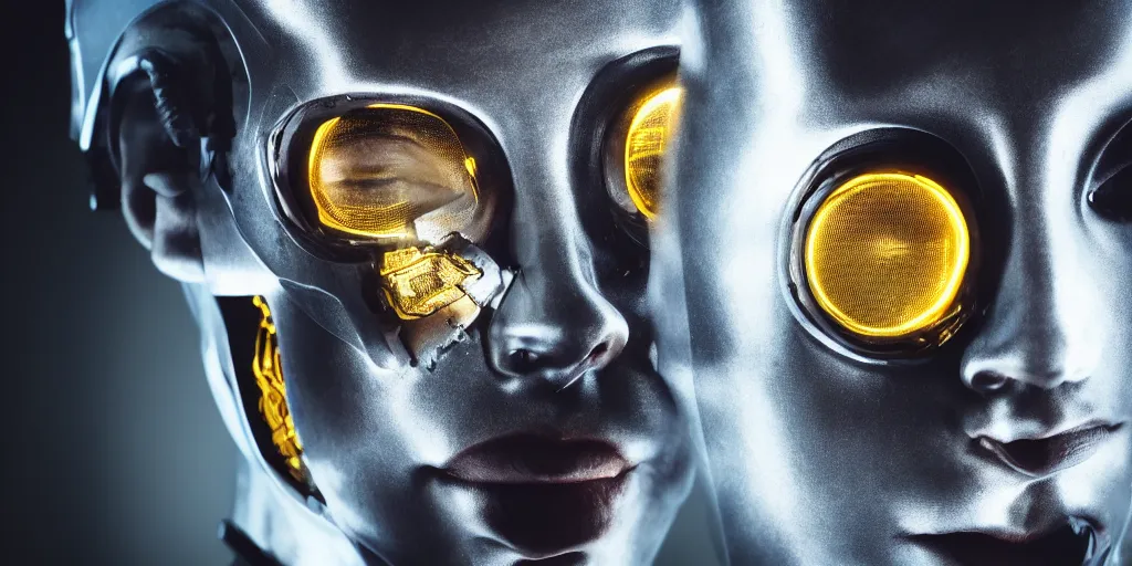 Image similar to half a human face, skin layers made of metal, cyber punk, strong yellow light reflecting off the skin, studio lighting, professional photography, film prop
