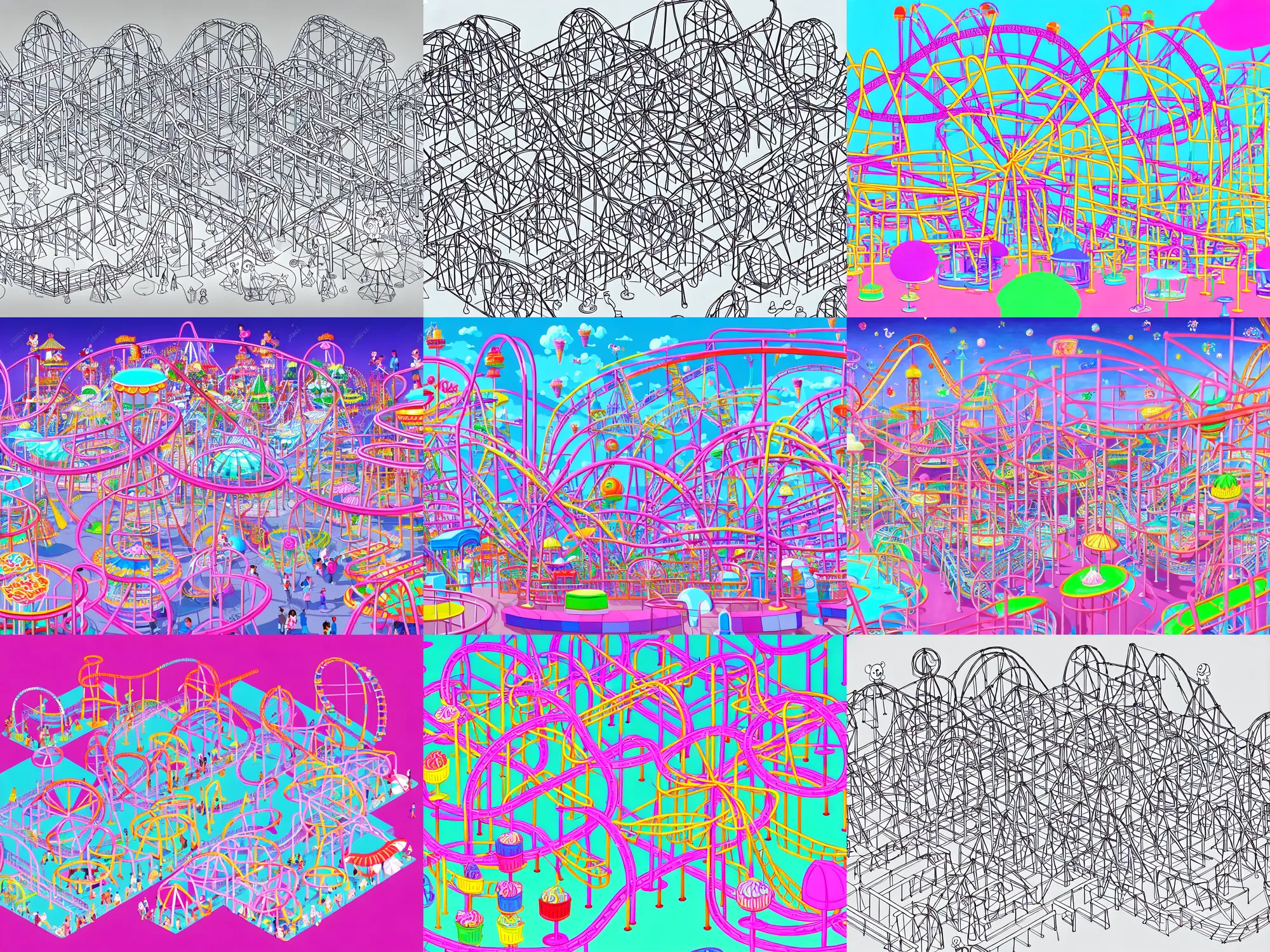 Prompt: an amusement park with an ice cream themed decoration style. trending on pixiv and artstation. an absurdly detailed painting in wireframe neon geometric inks