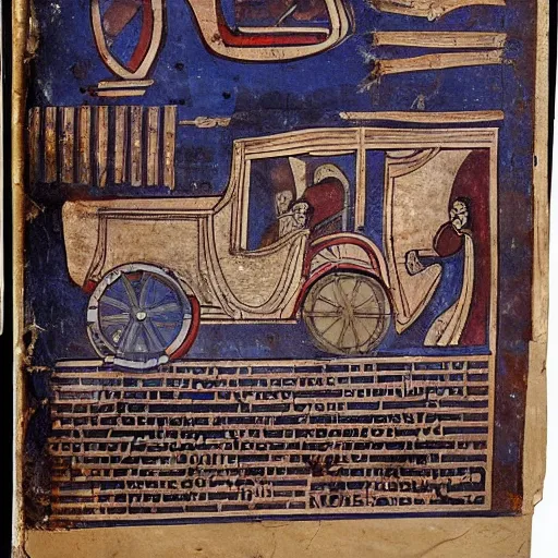 Image similar to ancient greek manuscript with pictures of cars