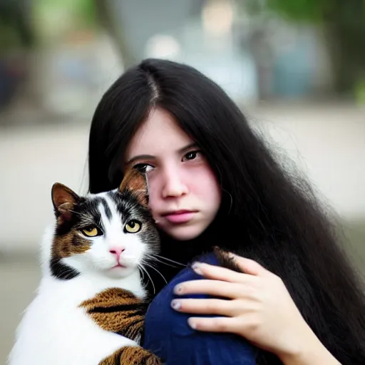 Prompt: a girl with long dark hair, big shiny dark eyes holding a cat in her arms, a stock photo by juan villafuerte and minerva j. chapman, pexels contest winner, high quality photo, rtx, hd, tumblr contest winner, anime, pretty, shiny eyes, sensual