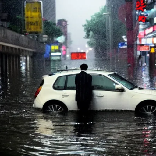 Image similar to seoul city is flooded by heavy rain. A guy with suit is sitting on the top of the A car is middle of the street flooded.