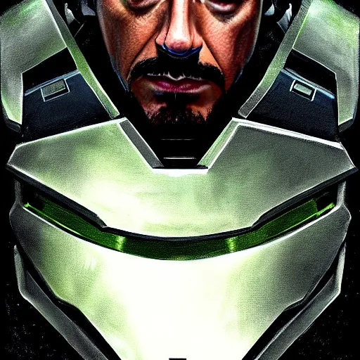 Image similar to Tony Stark's face wearing Master Chief's armor from Halo, high tech, action shot, angular, full body portrait, futuristic, dramatic, fantasy, intricate, elegant, highly detailed, digital painting, artstation, concept art, matte, sharp focus, illustration, 8K, art by Donato Giancola and James Gurney