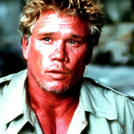 Prompt: tom berenger wearing a bandana, 1 9 8 7, dimly lit, movie still