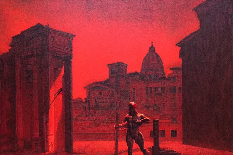 Image similar to only with red, caesar after war, a red tiger, in hoc signo vinces, rome in background, an ancient path, in the style of beksinski, part by hopper, part by rodcenko, part by hofbauer, intricate composition, red by caravaggio, insanely quality, highly detailed, masterpiece, red light, artstation