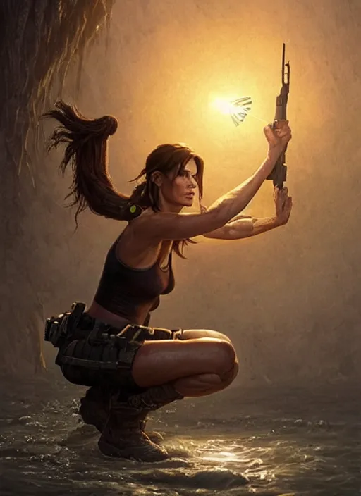 Image similar to Sandra Bullock as Lara Croft as a ruggedly handsome heroine kneeling next to a glowing artifact lodged in shallow water, intricate, elegant, highly detailed, artstation, concept art, smooth, sharp focus, illustration, bokeh art by artgerm and donato giancola and Joseph Christian Leyendecker, WLOP, fireflies