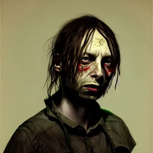 Image similar to young thom yorke as a zombie, 7 days to die zombie, fine art, award winning, intricate, elegant, sharp focus, cinematic lighting, rimlight, digital painting, 8 k concept art, art by z. w. gu, art by brom, art by michael hussar, 8 k