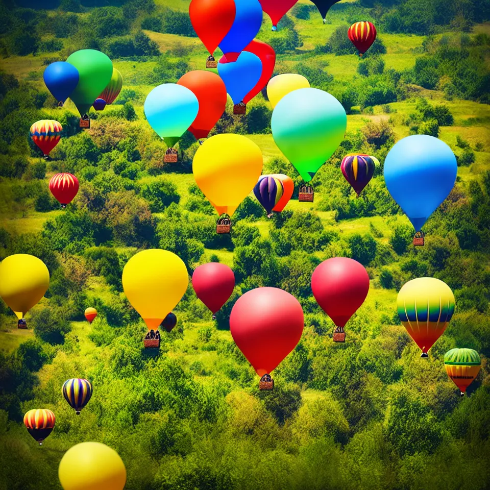 Image similar to large colorful balloons with people on rope swings underneath, flying high over the beautiful countryside landscape, professional photography, 8 0 mm telephoto lens, realistic, detailed, digital art, unreal engine