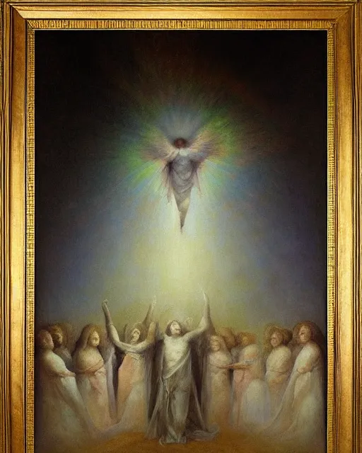 Prompt: etheric transfiguration, beautiful oil painting by Agostino Arrivabene and Francisco Goya,