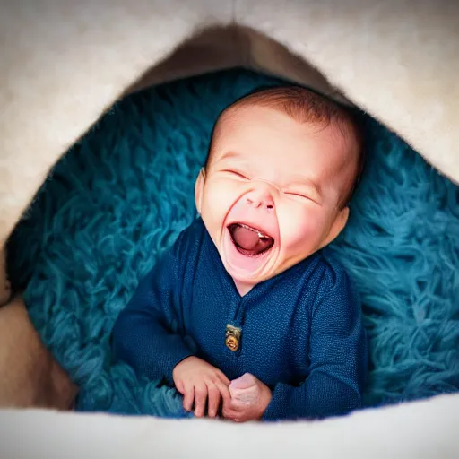 Image similar to the fist baby ever born, laughing, highly detailed, award winning photography