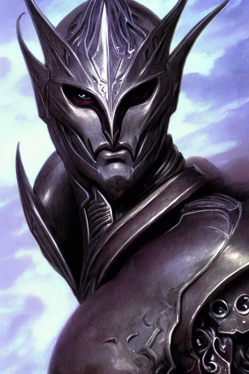 Image similar to head and shoulders portrait of an eldrich knight, drow, dark elf, shadar kai, armored, magical, male, high fantasy, d & d, by boris vallejo, face details, extremely detailed, digital illustration