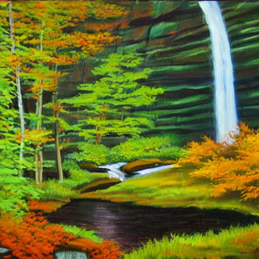 Prompt: ricketts glen, oil on canvas, by bob ross