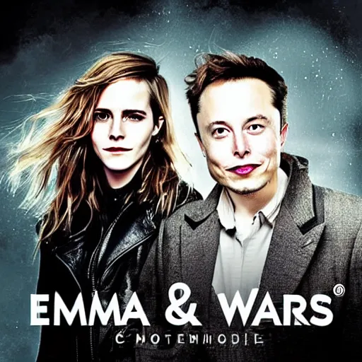 Image similar to elon musk and emma watson on a metal album cover