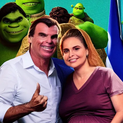 Image similar to pregnant bolsonaro with shrek, photorealistic, award winning, 8k,