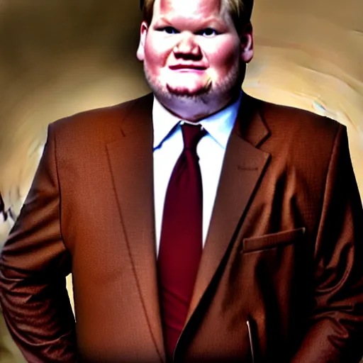 Image similar to Andy Richter is wearing a chocolate brown suit and necktie. Andy is standing inside a bathtub with the shower running over him. The suit and necktie are soaking wet.