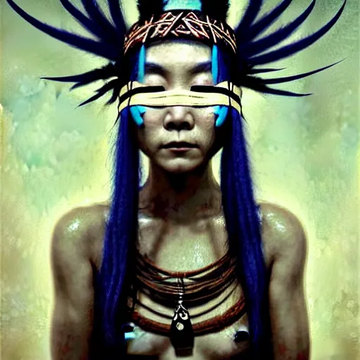 Image similar to A young blindfolded shaman japanese woman with a decorated headband performing a pagan ritual, in the style of heilung, blue hair dreadlocks and wood on her head, tribal piercing and tatoos , atmospheric lighting, intricate detail, cgsociety, ambient light, dynamic lighting, art by karol bak