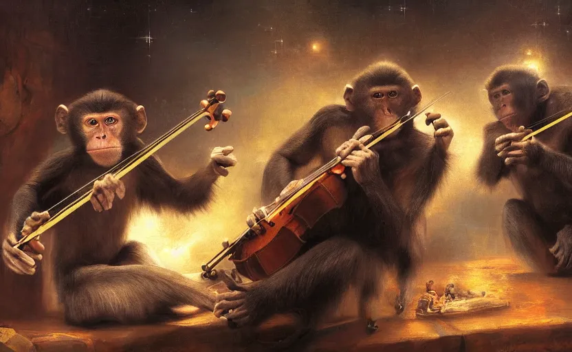 Prompt: monkeys in space playing violin, digital painting masterpiece, 4k wallpaper, by Rembrandt, Greg Rutkowski, Thomas Kinkade, photorealistic, detailed and accurate faces, artstation, high quality