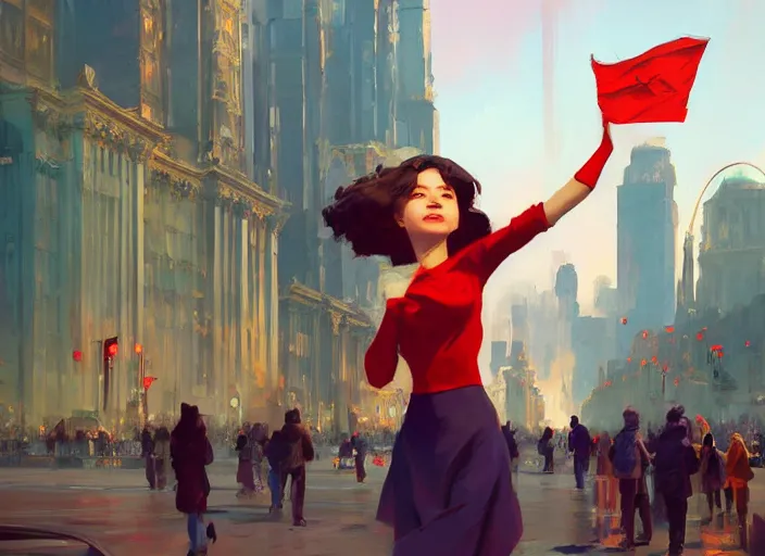 Image similar to gorgeous inspiring girl enthusiastically waving a red flag over her head to inspire people in a Mandelbrot fractal bustling Moscow City by Craig Mullins, ilya kuvshinov, krenz cushart, artgerm trending on artstation by Edward Hopper and Dan Mumford and WLOP and Rutkovsky, Unreal Engine 5, Lumen, Nanite