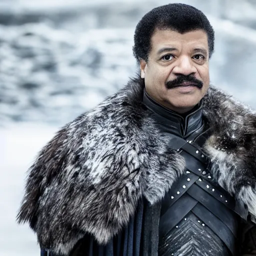 Prompt: a cinematic still from game of thrones season 8 of neil degrasse tyson as the night king
