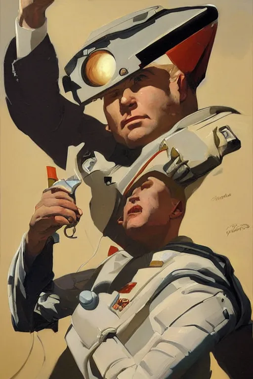 Prompt: rich evans space cop painting by jc leyendecker!! phil hale!, angular, brush strokes, painterly, vintage, crisp