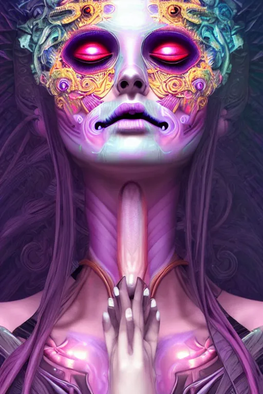 Prompt: ultra detailed female android deity, eyes closed, 8 k, flowerpunk, psychedelic vector art!!!, digital painting, sci - fi, fantasy, ( dia de los muertos ), asymmetrical,!! concept art, art by artgerm and giger and michael welan and alphonse mucha and loish and wlop