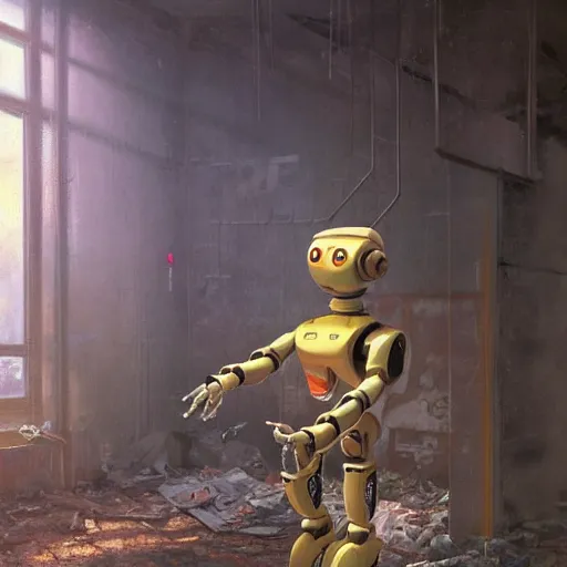 Image similar to a realistic painting of a humanoid robot ( chappie ) painting on a canvas in an abandoned building. by jordan grimmer tyler eldin ralph mcquarrie simon stalenhag. digital art, artstation, octane, uhd hdr