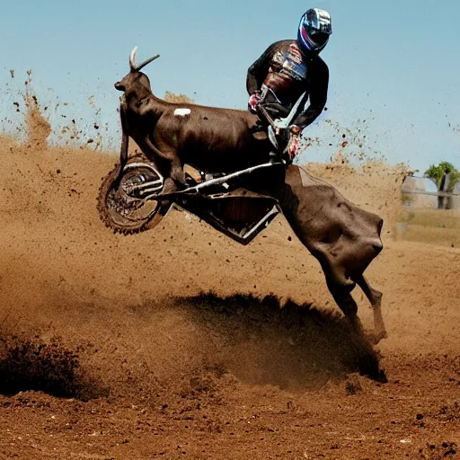 Image similar to a cow standing on a motocross jump