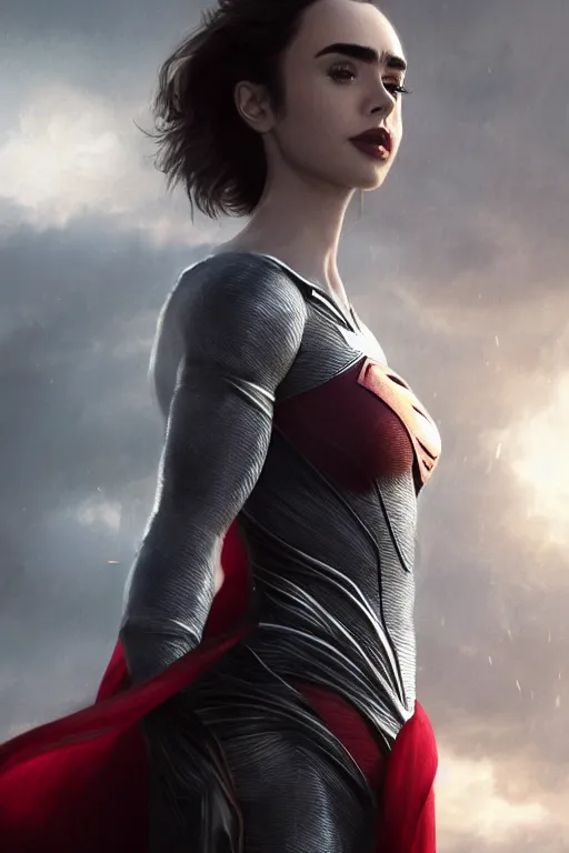 Prompt: a potrait of Lily Collins as Man of steel by Greg Rutkowski, Sung Choi, Mitchell Mohrhauser, Maciej Kuciara, Johnson Ting, Maxim Verehin, Peter Konig, 8k photorealistic, cinematic lighting, HD, high details, dramatic, trending on artstation, full body shot