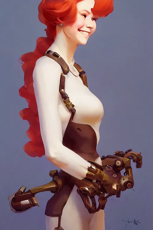 Prompt: concept art of curvacious redhead cyborg woman softly smiling at camera wearing 🩳 and 👕 illustration by sargent and leyendecker, studio ghibli, fantasy, medium shot, asymmetrical, intricate, elegant, matte painting, illustration, hearthstone, by rhads by greg rutkowski, by greg tocchini, by james gilleard, by joe fenton