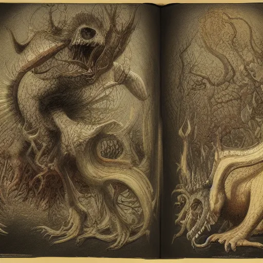 Image similar to bestiary of creatures from the depths of the unconscious psyche