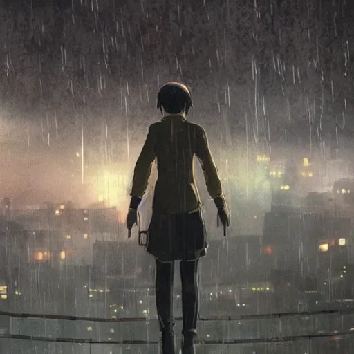 Prompt: raining dark dieselpunk dystopia makoto shinkai