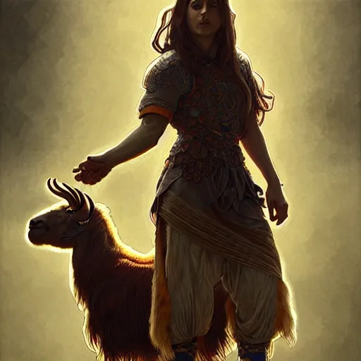 Image similar to Lionel Messi standing beside a majestic goat, D&D, fantasy, intricate, elegant, highly detailed, digital painting, artstation, concept art, matte, sharp focus, illustration, art by Artgerm and Greg Rutkowski and Alphonse Mucha