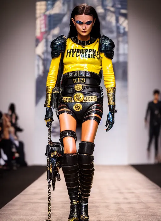 Image similar to hyperrealistic and heavy detailed versace runway show of judge dredd, leica sl 2 5 0 mm, vivid color, high quality, high textured, real life