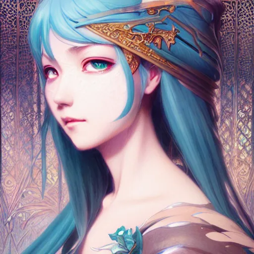 Prompt: portrait of hatsune miku, d & d, fantasy, intricate, elegant, highly detailed, digital painting, artstation, concept art, smooth, sharp focus, illustration, art by artgerm and greg rutkowski and alphonse mucha