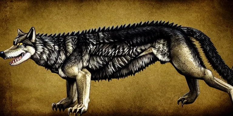 Prompt: chimera made of a wolf and a crocodile, photo of wolf, photo of crocodile, awarded on pixiv, ultra realism, fantasy, trending on deviantart, realistic wood swamp, professional photoshop artwork