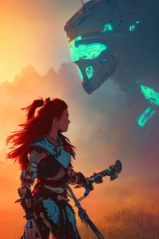 Image similar to combination suit armor aloy horizon forbidden west horizon zero dawn radiating a glowing aura global illumination ray tracing hdr fanart arstation by ian pesty and alena aenami artworks in 4 k tribal robot ninja mask helmet backpack